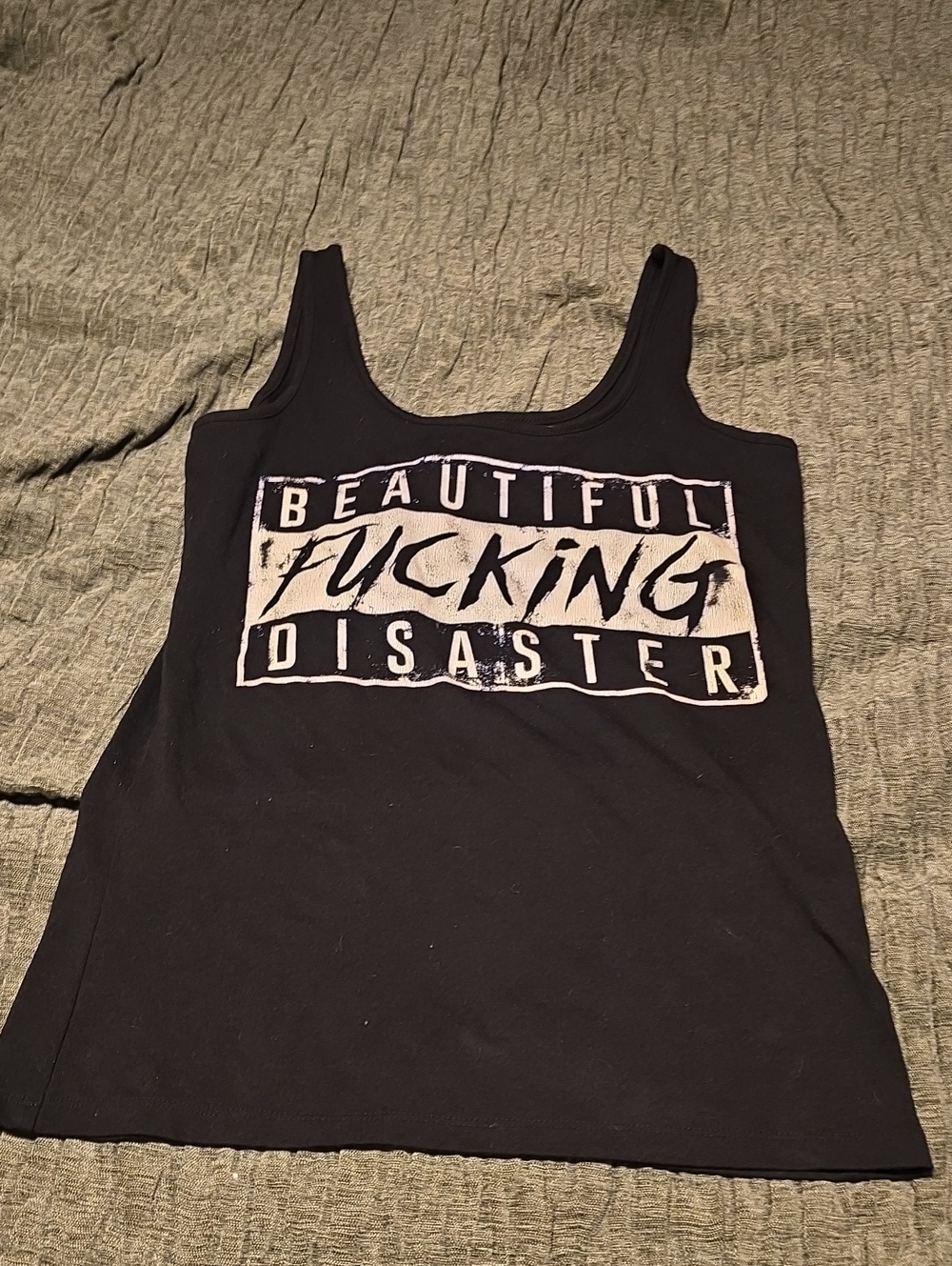 Black Graphic Scoop Neck Tank Top with Statement Print